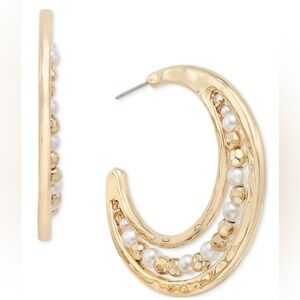 ✨ Style & Co Gold Tone Faux Pearl Beaded C Hoop Earrings 2” NWT